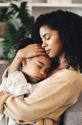 Buy stock photo Family, mom with sleeping child and love, peace and calm with relationship, care and relax at home. Content, black woman and tired girl with bond, comfort and hug with safe place, dream and sleep
