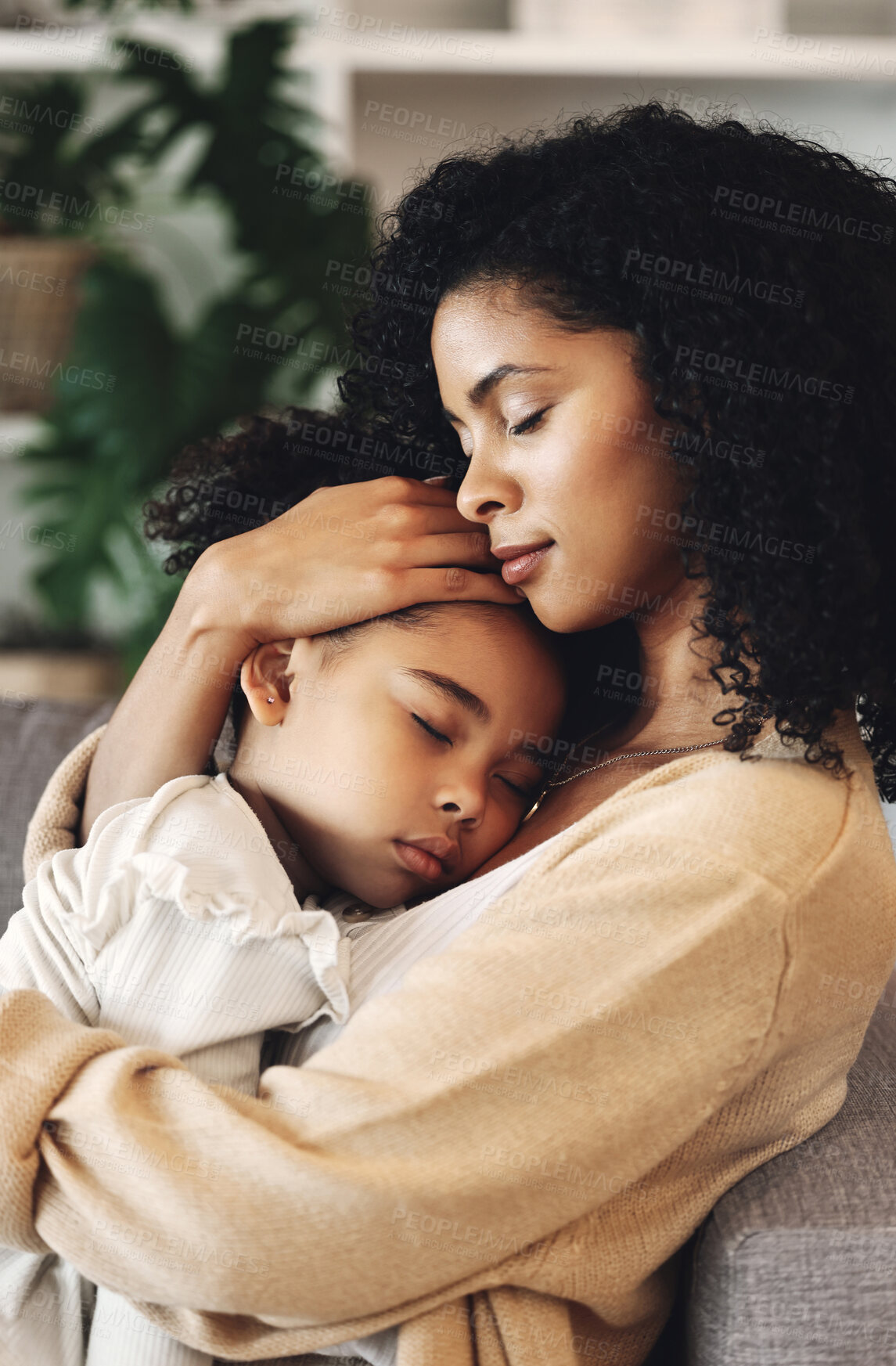 Buy stock photo Family, mom with sleeping child and love, peace and calm with relationship, care and relax at home. Content, black woman and tired girl with bond, comfort and hug with safe place, dream and sleep