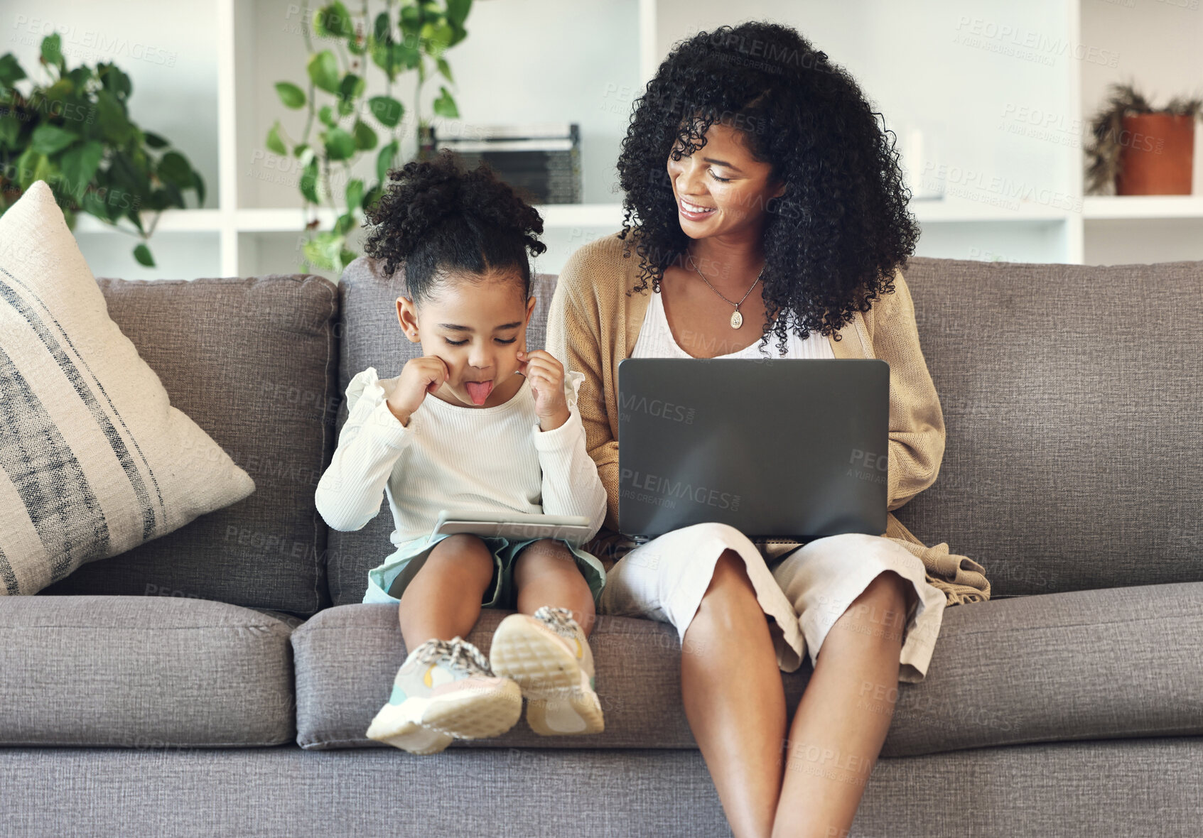 Buy stock photo Black family, child and funny selfie with technology on home couch for remote work or online education. Woman or mother and kid on tablet and laptop internet for learning development, games and movie