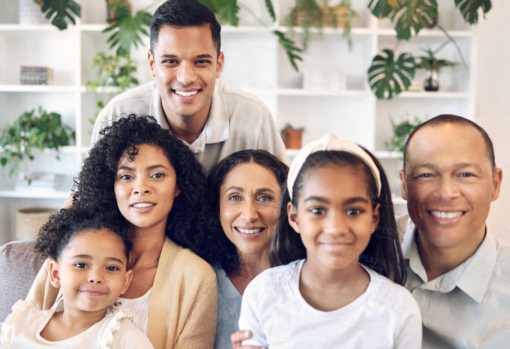 Buy stock photo Family in happy portrait with kids, parents and grandparents on sofa with smile in home in Brazil. Happiness, generations of men and women with children, people spending time together making memories