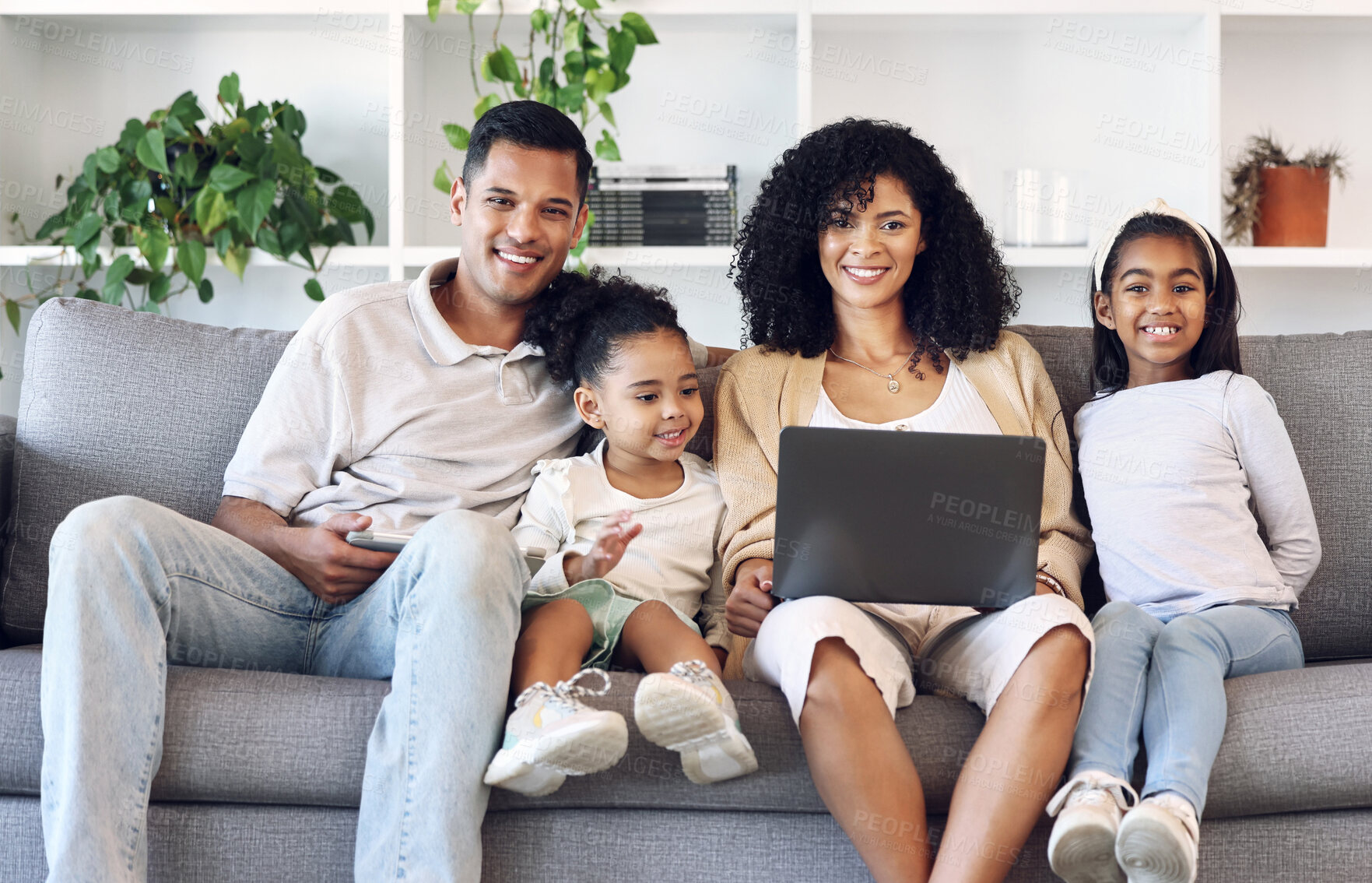 Buy stock photo Family, home and laptop for portrait on couch while online for education, learning or movie. Mother, father and girl children together in lounge with internet for games, quality time and development
