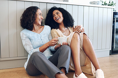 Buy stock photo Love, mother and adult daughter on floor, speaking and quality time on weekend, relax and chatting. Mama, family and girl on ground, drinking coffee or conversation with happiness, resting and lounge