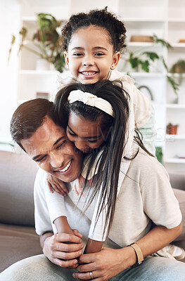 Buy stock photo Happy family, hug and kids with father on a sofa, happy and relax, playing and laughing in living room. Love, children and parent embrace on a couch, playful smile and excited for day off or weekend