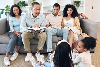 Buy stock photo Senior family, children and reading book for learning, teaching and bible knowledge, spiritual development or education. Grandparents, mother and father on sofa and kids listening to holy scripture