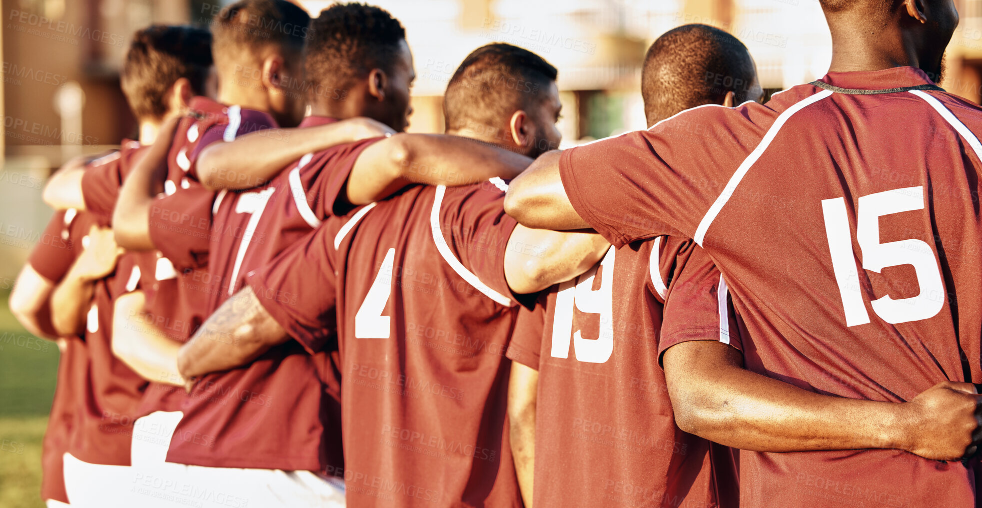 Buy stock photo Sports, men and rugby team hug on field for support, training and fitness exercise. Athlete group people train for teamwork, competition game and diversity with workout and performance in solidarity
