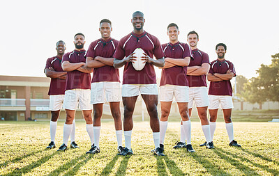 Buy stock photo Rugby, grass and portrait of team with smile standing together in confidence and solidarity for winning game. Diversity, black man and group of strong sports men with leadership, fitness and teamwork