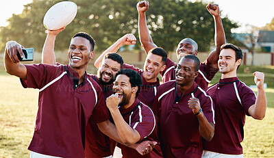 Buy stock photo Rugby, success or happy team in selfie to celebrate goals, achievement or group victory together on field. Men, winner or excited sports athletes take photo for winning a competition or tournament