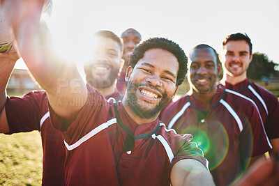 Buy stock photo Portrait, sports and selfie of rugby team on field after exercise, workout or training. Teamwork, fitness and group of friends, men or athletes take pictures or photo for happy memory or social media