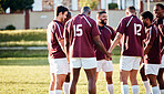 Man, team and holding hands on grass field for sports motivation, coordination or collaboration outdoors. Group of sport players in huddle for fitness training, planning or strategy together for game