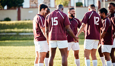 Buy stock photo Man, team and holding hands on grass field for sports motivation, coordination or collaboration outdoors. Group of sport players in huddle for fitness training, goal or strategy together for game