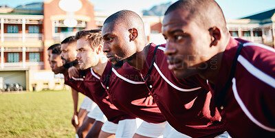 Buy stock photo Man, huddle and team on grass field for sports coordination or collaboration outdoors. Group of sport men in fitness training, teamwork or strategy scrum getting ready to play game or match