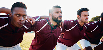 Buy stock photo Man, huddle and team in scrum for sports collaboration coordination or focus in the outdoors. Group of sport men in fitness training, planning or getting ready for serious game, match or start