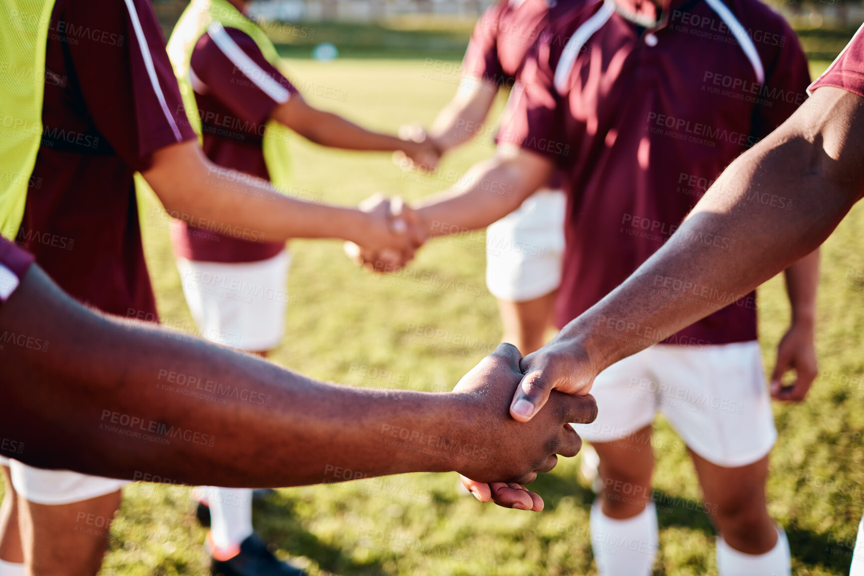 Buy stock photo Man, sports and handshake for team introduction, greeting or sportsmanship on the grass field outdoors. Sport men shaking hands before match or game for competition, training or workout exercise