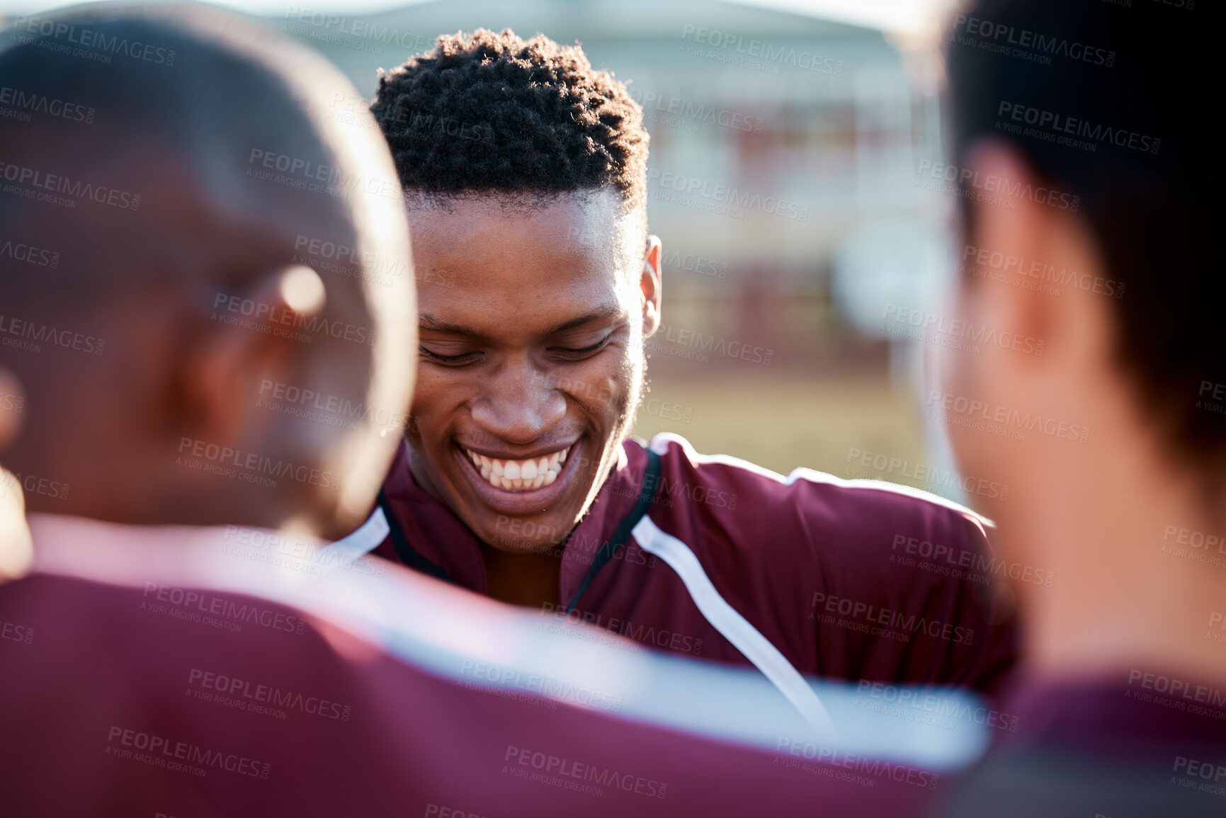 Buy stock photo Rugby, sports and black man in team huddle or circle for training or competition game on a field. Fitness, sport and athlete group for motivation, praying and support talking about outdoor match
