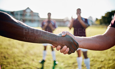 Buy stock photo Man, sports and handshake for team introduction, greeting or partnership on grass field outdoors. Sport men shaking hands before match or congratulations and deal for game, competition or training