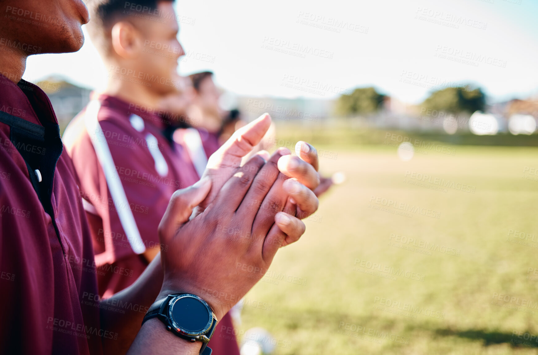 Buy stock photo Sports, closeup and hands with team, applause and celebration for winning, victory and happiness. Zoom, group and players on field, joyful and cheerful for teamwork, success and achievement outdoor