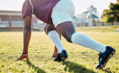 Buy stock photo Runner start, rugby man and sport field with a athlete ready for running and workout. Summer, training group and player prepare for fitness and exercise challenge for speed outdoor in the sun
