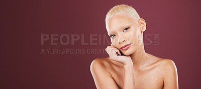 Buy stock photo Face portrait, skincare and beauty of black woman in studio isolated on a red background mockup. Makeup, cosmetics and female model with beautiful, glowing or flawless skin after spa facial treatment