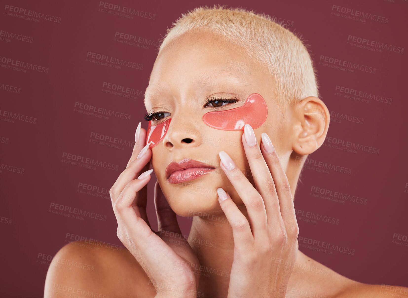 Buy stock photo Eye patches, makeup and skincare of black woman beauty with cosmetics and dermatology treatment. Spa and young model in a studio with wellness facial for eyes and cosmetic face mask with collagen 