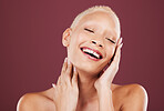 Face, eyes closed and beauty skincare of woman in studio isolated on a red background. Dermatology aesthetic, makeup cosmetics and happy female model satisfied after facial treatment for healthy skin