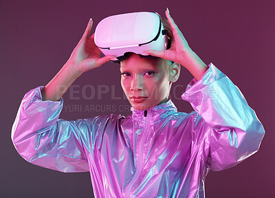 Buy stock photo Vr headset, futuristic portrait and black woman ready for metaverse and virtual reality experience. Isolated, studio and model with ai, digital and future technology with cyberpunk style and tech