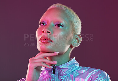 Buy stock photo Vaporwave style, black woman and cyberpunk aesthetic with model thinking in a studio. Isolated, glow makeup and futuristic cyber fashion of a young person with chrome clothing and scifi design