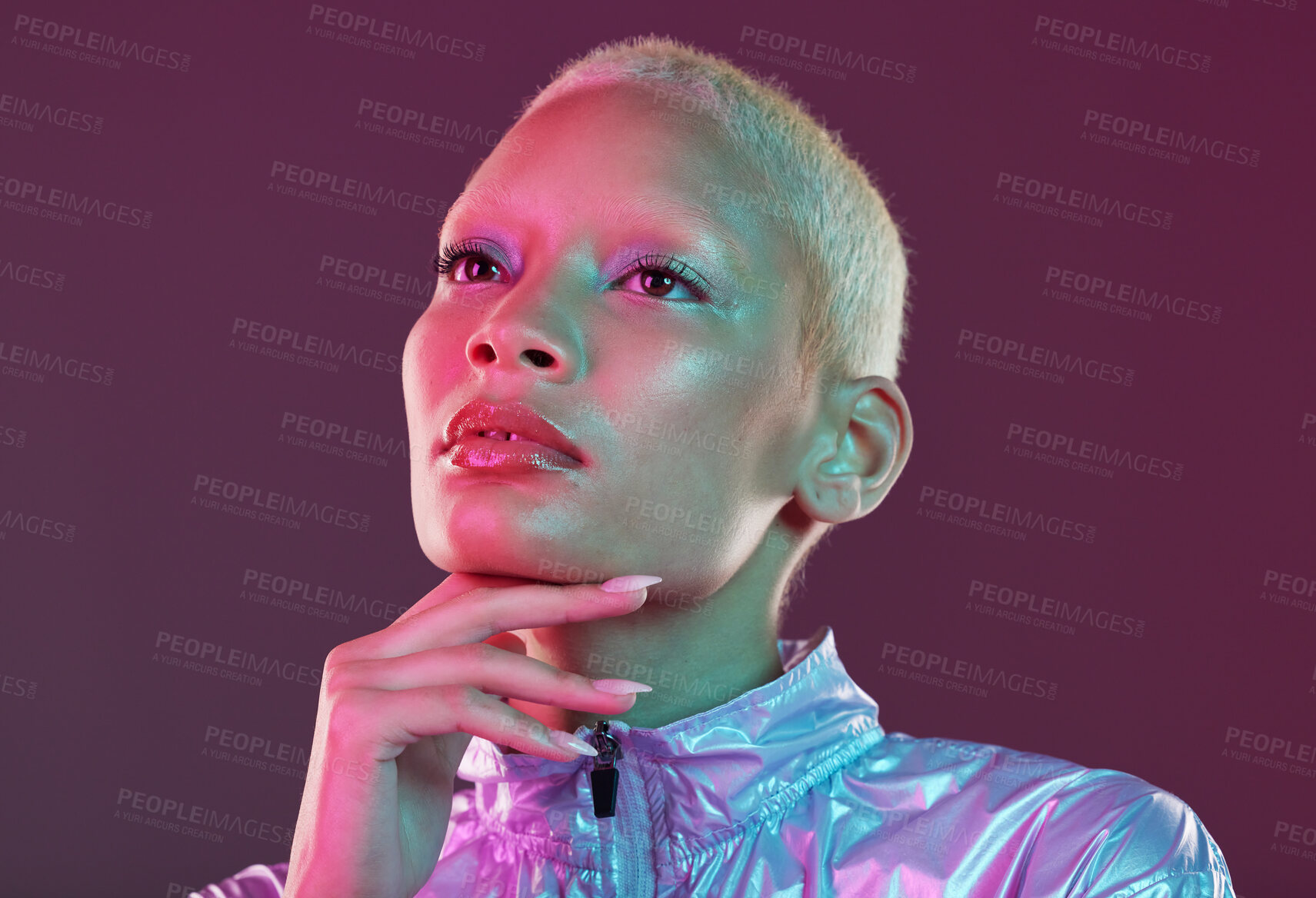 Buy stock photo Vaporwave style, black woman and cyberpunk aesthetic with model thinking in a studio. Isolated, glow makeup and futuristic cyber fashion of a young person with chrome clothing and scifi design