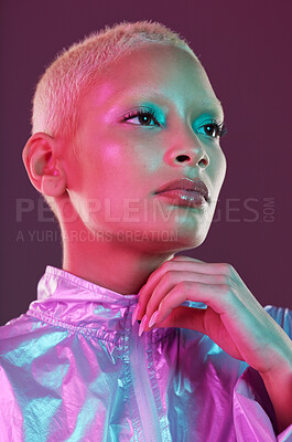 Buy stock photo Beauty, cyberpunk and high fashion woman with unique style, makeup and hairstyle isolated in a studio neon background. Futuristic, artistic and bright and colorful female is trendy and stylish