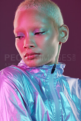 Buy stock photo Beauty, cyberpunk and high fashion black woman with unique style, makeup and hairstyle isolated in a studio neon background. Creative, artistic and bright and colorful female is trendy and stylish