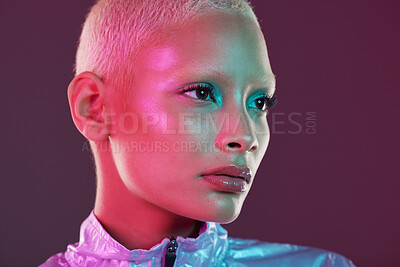 Buy stock photo Vaporwave profile, black woman and cyberpunk cosmetics with model thinking in a studio. Isolated, glow makeup and futuristic cyber fashion of a young person with chrome clothing and scifi design