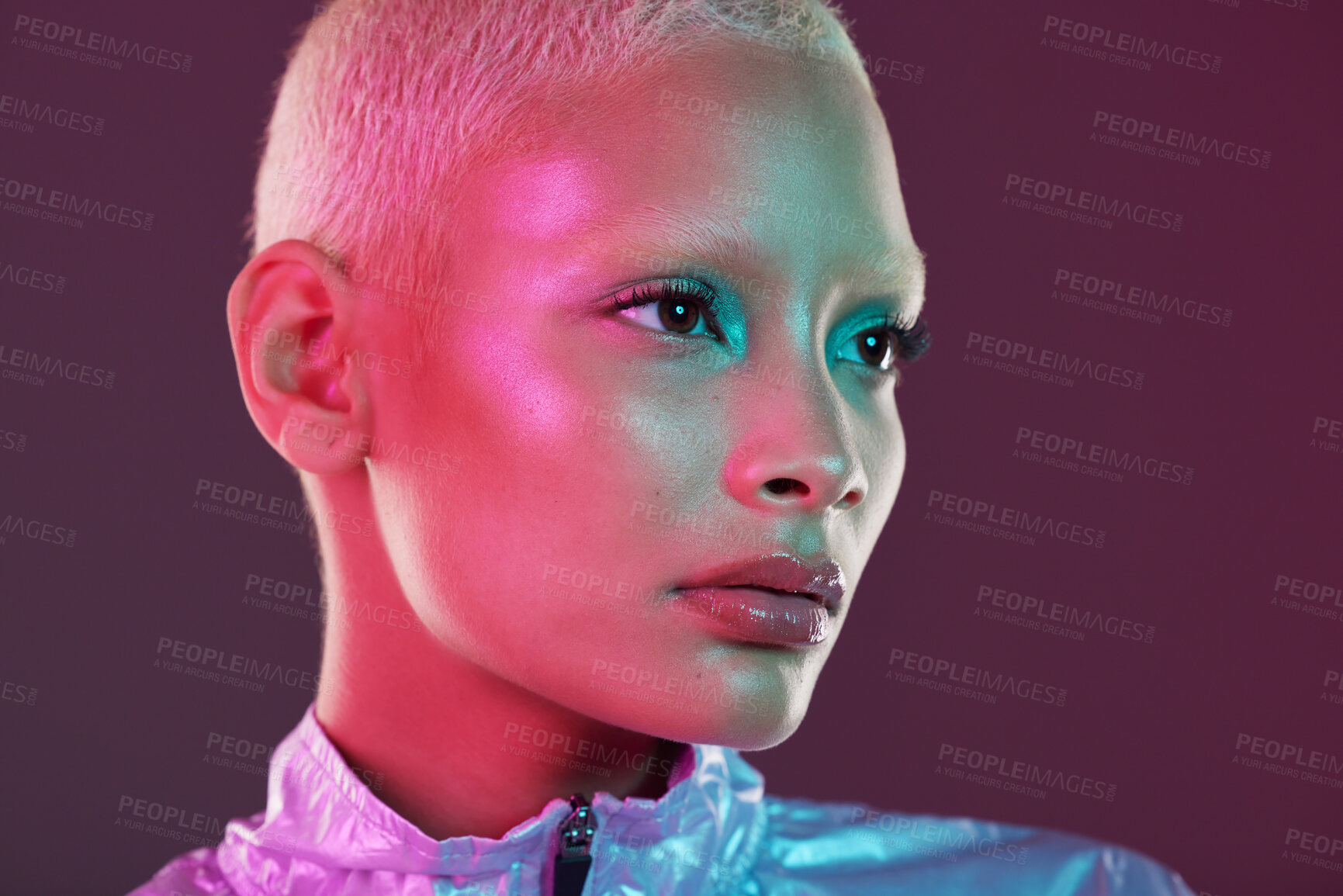 Buy stock photo Vaporwave profile, black woman and cyberpunk cosmetics with model thinking in a studio. Isolated, glow makeup and futuristic cyber fashion of a young person with chrome clothing and scifi design