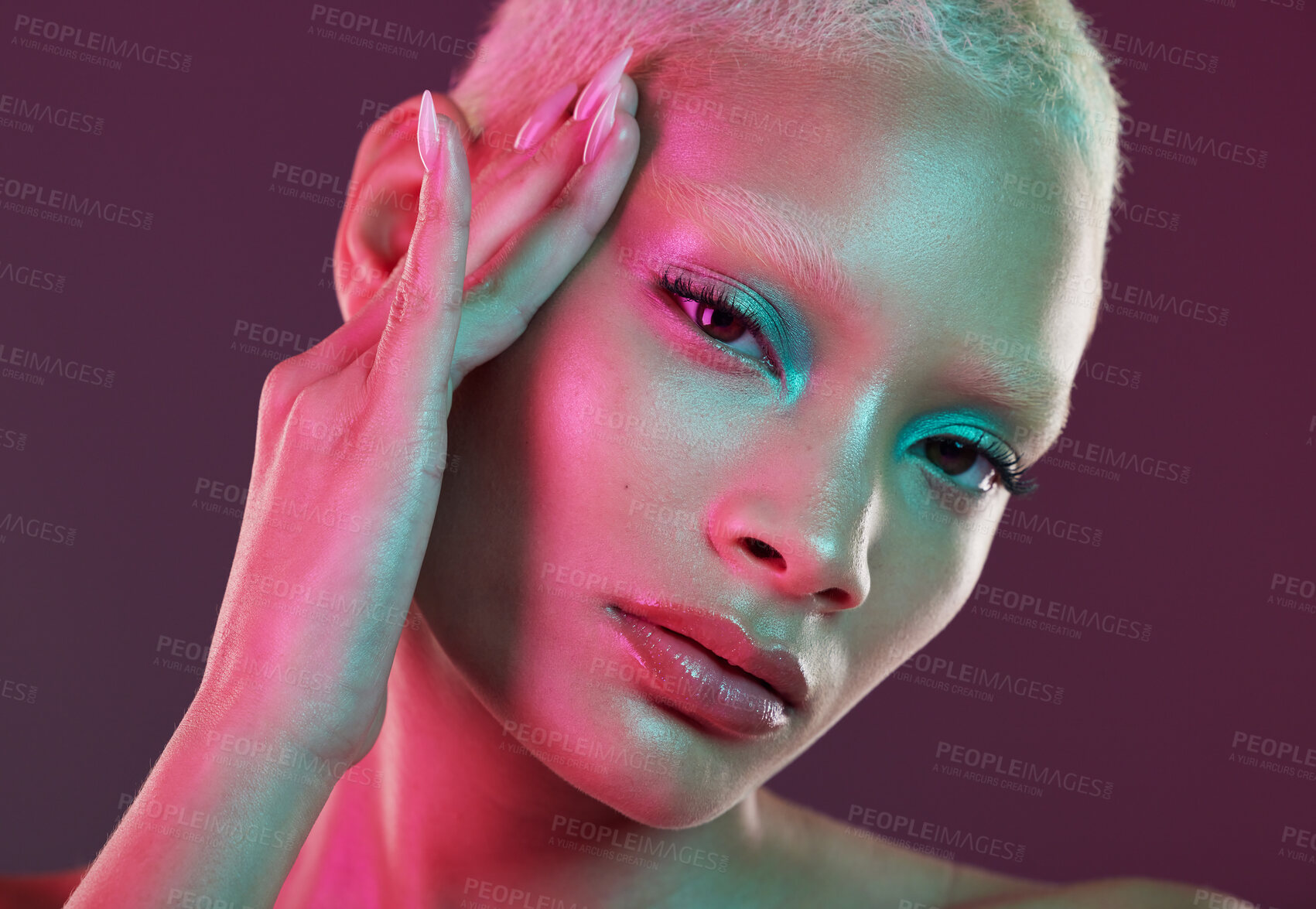 Buy stock photo Skincare, beauty and cyberpunk, portrait of woman with neon makeup and lights for creative advertising on studio background. Art girl, cosmetics and model isolated for futuristic face mockup