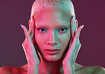 Cyberpunk, art and cosmetics, portrait of woman with neon makeup and lights in creative advertising on studio background. Product placement, model face and futuristic skincare and beauty mockup space