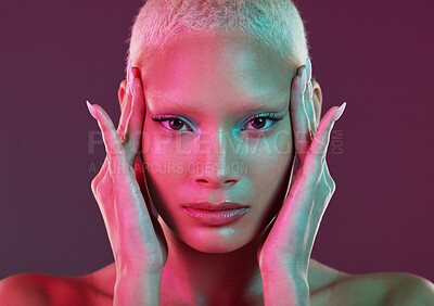 Buy stock photo Cyberpunk, art and cosmetics, portrait of woman with neon makeup and lights in creative advertising on studio background. Fantasy girl, model face and futuristic skincare and beauty mockup space