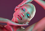 Cyberpunk, neon beauty and woman with eyes closed, makeup and lights in creative advertising on studio background. Art, aesthetic product placement and model isolated in futuristic skincare mock up.