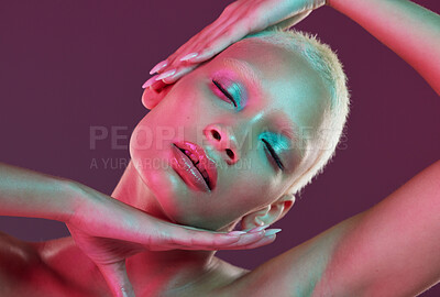 Buy stock photo Cyberpunk, neon beauty and woman with eyes closed, makeup and lights in creative advertising on studio background. Art, aesthetic product placement and model isolated in futuristic skincare mock up.