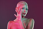 Skincare, beauty and portrait woman with neon makeup and lights in creative advertising on studio background. Cyberpunk, product placement and model isolated for skin care and futuristic mockup space