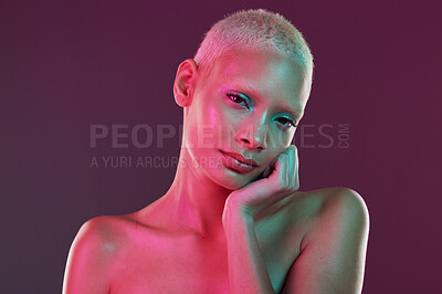 Buy stock photo Skincare, neon face and portrait of woman with makeup and lights for creative advertising on studio background. Cyberpunk, gen z girl and model isolated for beauty and futuristic mock up space