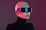 Woman, vr and metaverse augmented reality glasses for futuristic gaming and technology. Cyberpunk person on studio background with digital headset for 3d and cyber world robot fantasy user experience