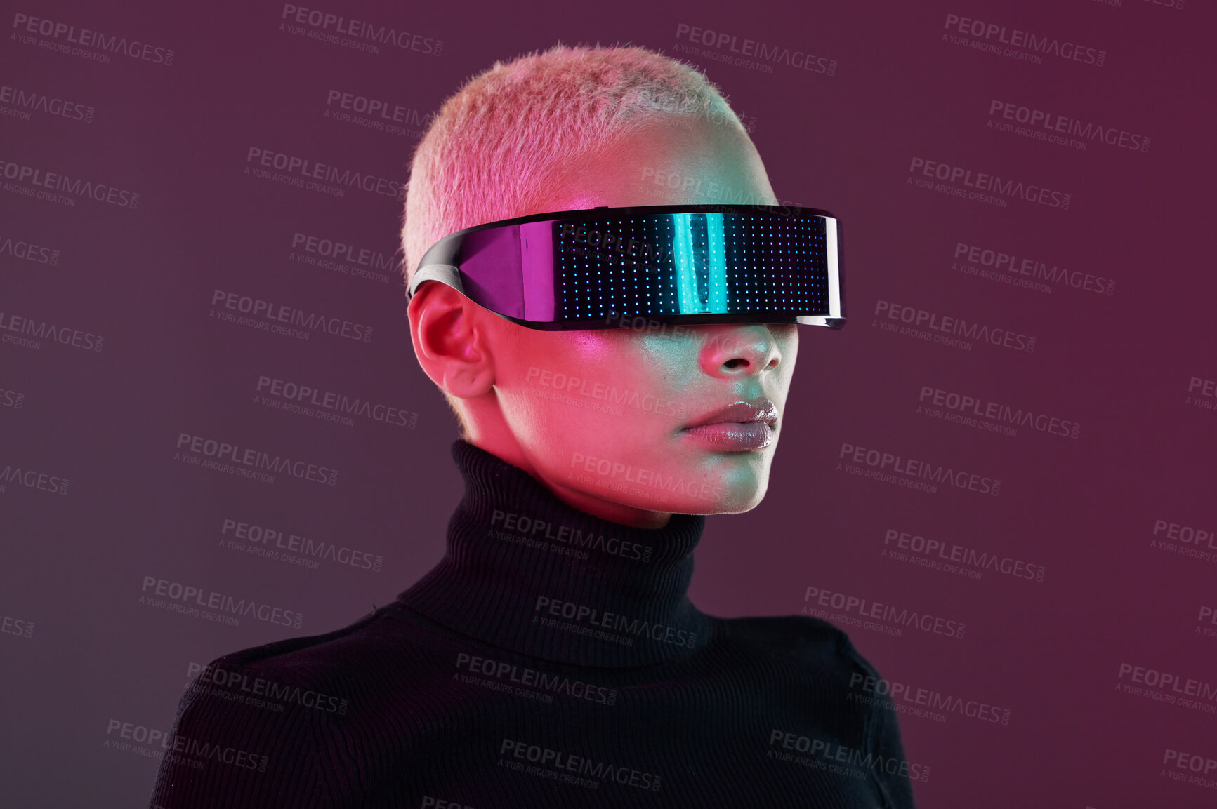 Buy stock photo Woman, vr and metaverse augmented reality glasses for futuristic gaming and technology. Cyberpunk person on studio background with digital headset for 3d and cyber world robot fantasy user experience