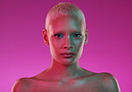 Skincare, beauty and woman with neon face makeup and lights for creative advertising on pink background. Cyberpunk, product placement and model isolated for skin care and futuristic mock up in studio