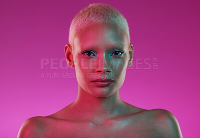 Buy stock photo Skincare, beauty and woman with neon face makeup and lights for creative advertising on pink background. Cyberpunk, product placement and model isolated for skin care and futuristic mock up in studio