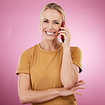 Woman, phone call and portrait on pink background for communication, contact and happy chat in studio. Smile of model person talking or conversation on smartphone for mockup network connection 