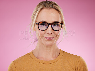 Buy stock photo Woman, glasses style and portrait on pink background, studio backdrop and happiness. Happy female model, face and spectacles for fashion, eye care and vision of frames, cosmetic beauty or lens choice
