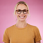 Portrait, smile and woman with glasses on pink background, studio and happiness. Happy female model, face and spectacles for fashion, eye care and vision of frames, cosmetic beauty and lens choice 