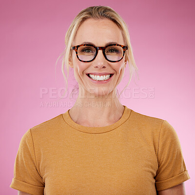Buy stock photo Portrait, smile and woman with glasses on pink background, studio and happiness. Happy female model, face and spectacles for fashion, eye care and vision of frames, cosmetic beauty and lens choice 