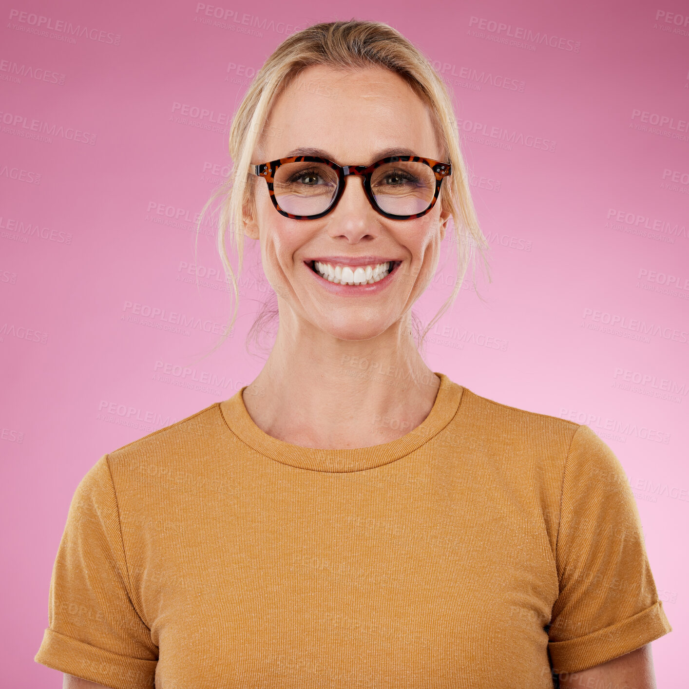 Buy stock photo Portrait, smile and woman with glasses on pink background, studio and happiness. Happy female model, face and spectacles for fashion, eye care and vision of frames, cosmetic beauty and lens choice 