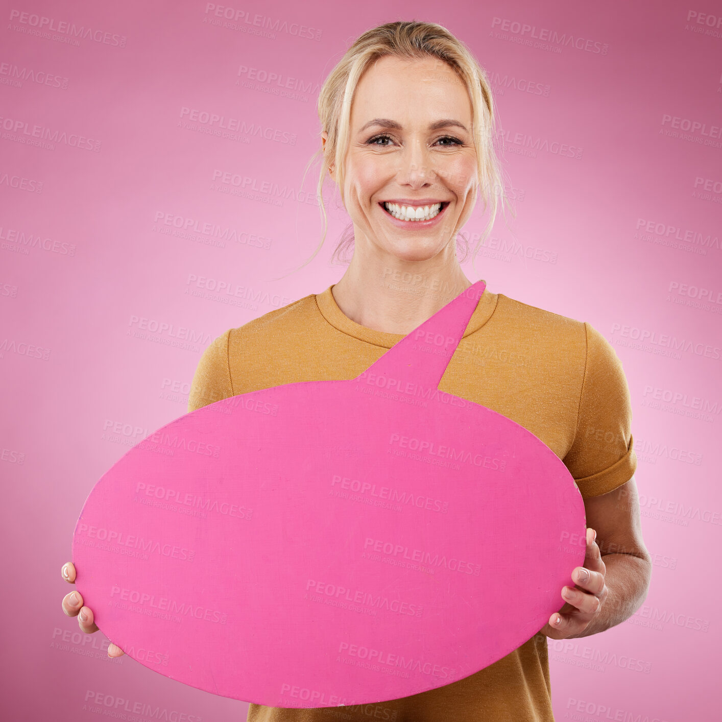 Buy stock photo Speech bubble, woman and portrait on pink background for mockup advertising, communication and review. Happy female model, thought poster and voice for marketing space, feedback and product placement