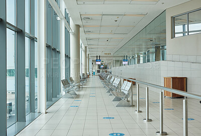 Buy stock photo Background of airport corridor with chair, waiting room and global travel of covid regulations. Empty airplane lobby, seat and building interior design for transportation, furniture and clean space 