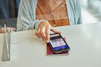 Buy stock photo Hands, phone and passport with digital ticket at airport for travel, immigration or transport service on table. Hand of traveler showing smartphone boarding pass, barcode or permit on mobile app